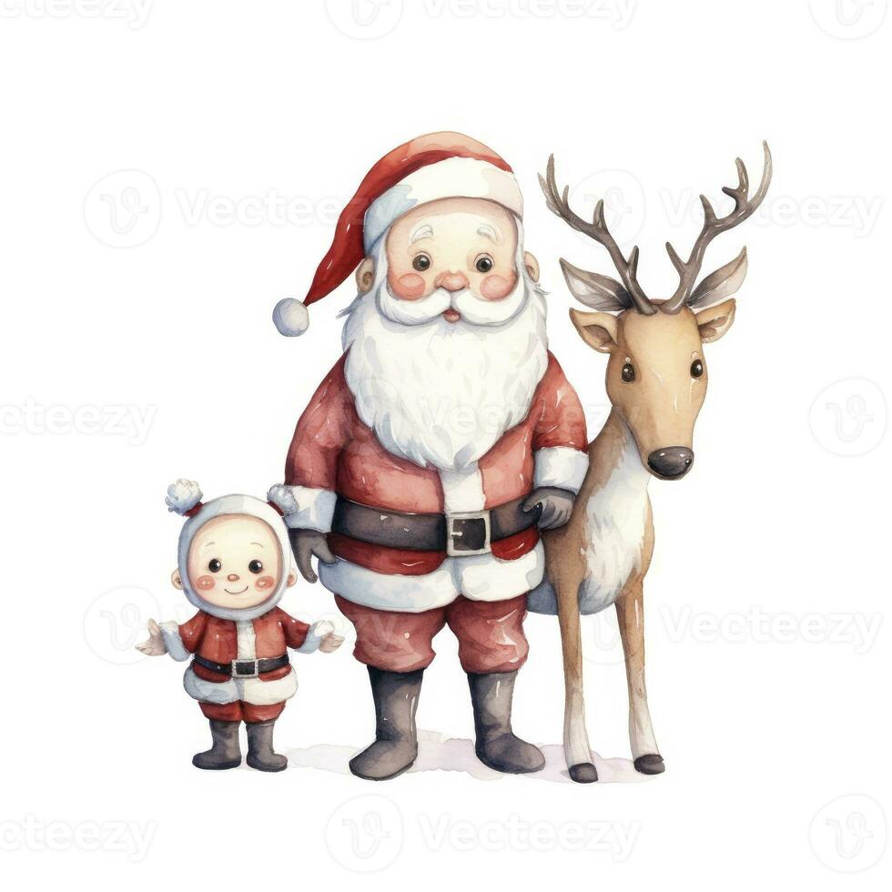 AI generated Cute Santa Claus standing with reindeer. AI Generated photo