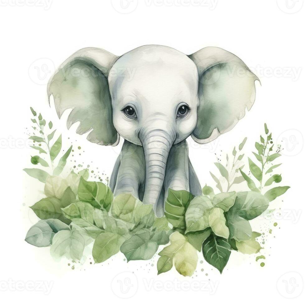 AI generated Happy cute baby elephant in green leaves in the watercolor style. AI Generated photo