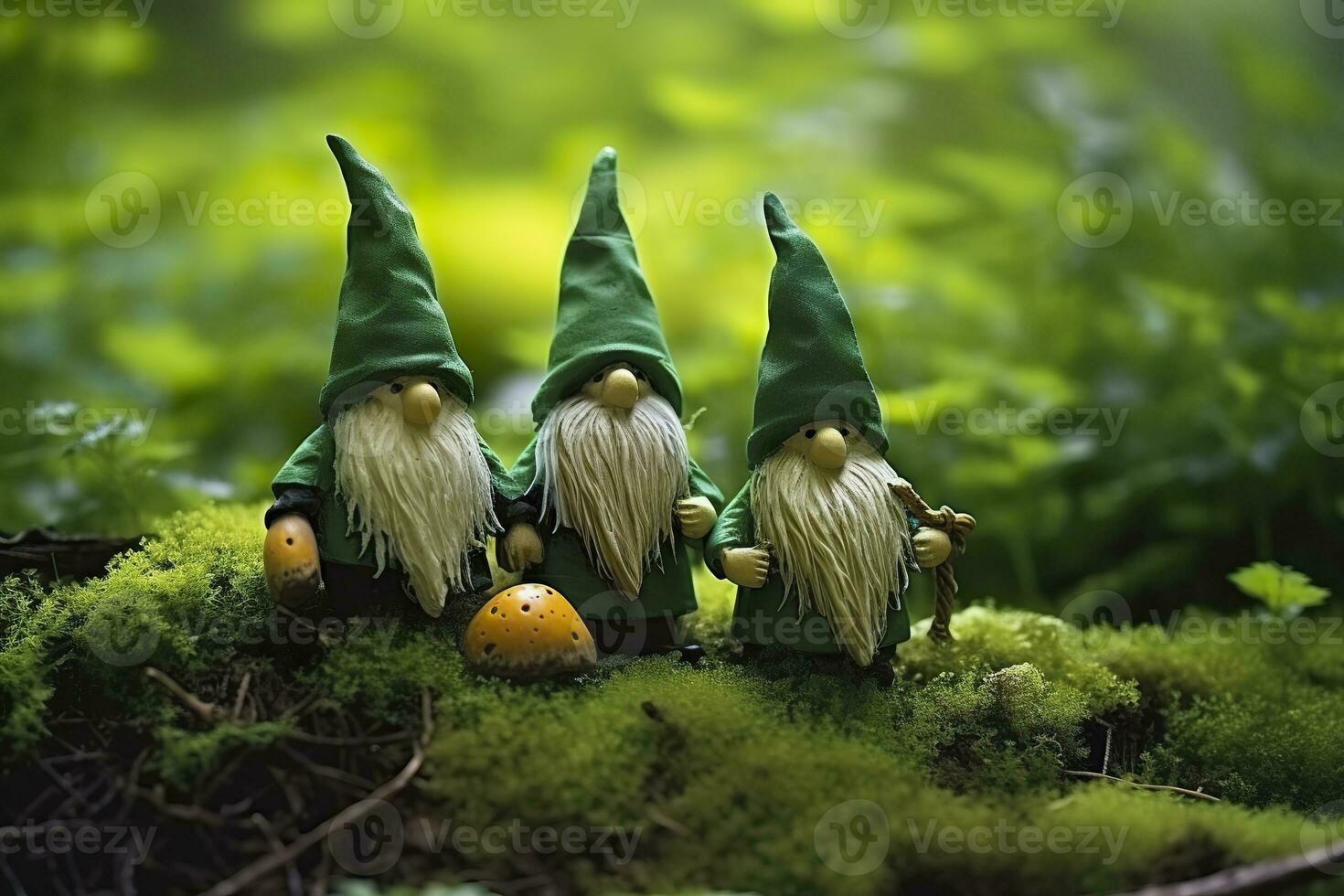 AI generated Toy Irish gnomes in a mystery forest, abstract green natural background. Generative AI photo