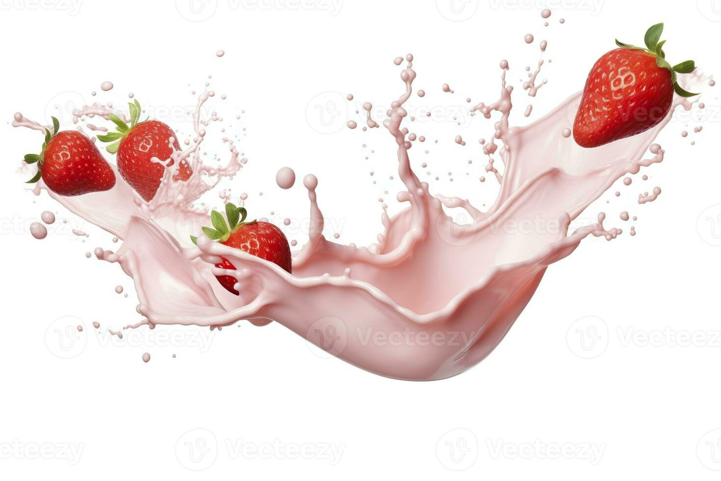 AI generated milk or yogurt splash with strawberries isolated on white background, 3d rendering. AI Generated photo