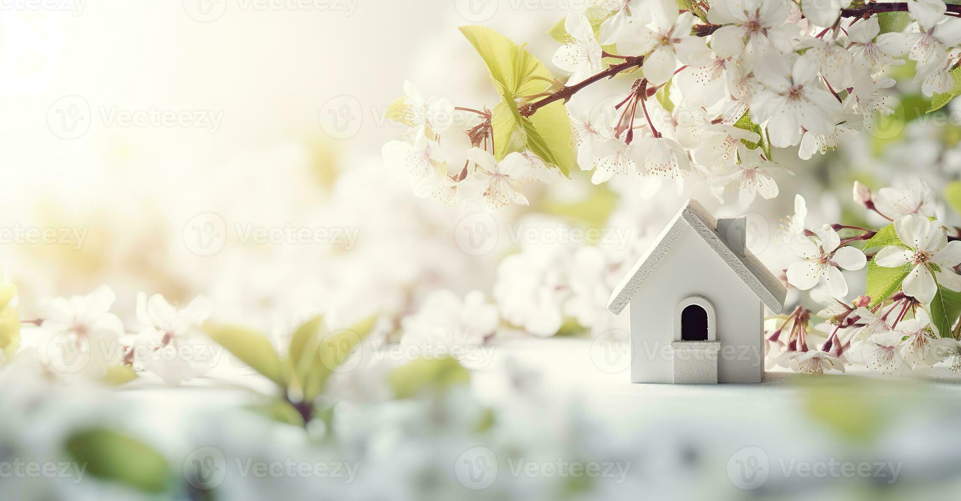 AI generated Toy house and cherry flowers, spring abstract natural background. Generative AI photo