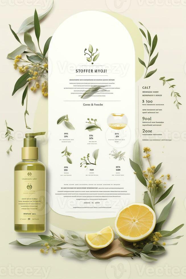 AI generated Beautiful flyer to present a store that sells products, body care, soap, cream, oil. Generative AI photo