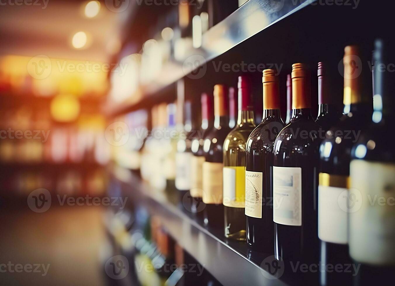 AI generated Abstract blur wine bottles on liquor alcohol shelves in supermarket store background. Generative AI photo