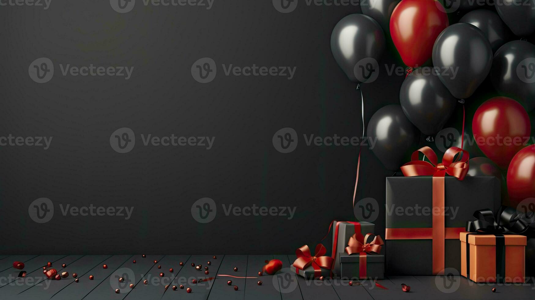 AI generated Black Friday sale banner with ballon and gift box space for text. AI Generated photo