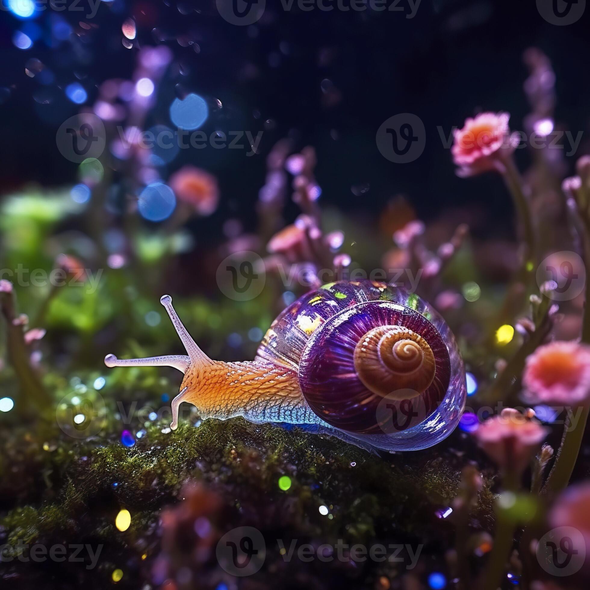 AI generated Iridescent Snail in a Fairy Forest, Close Up of a
