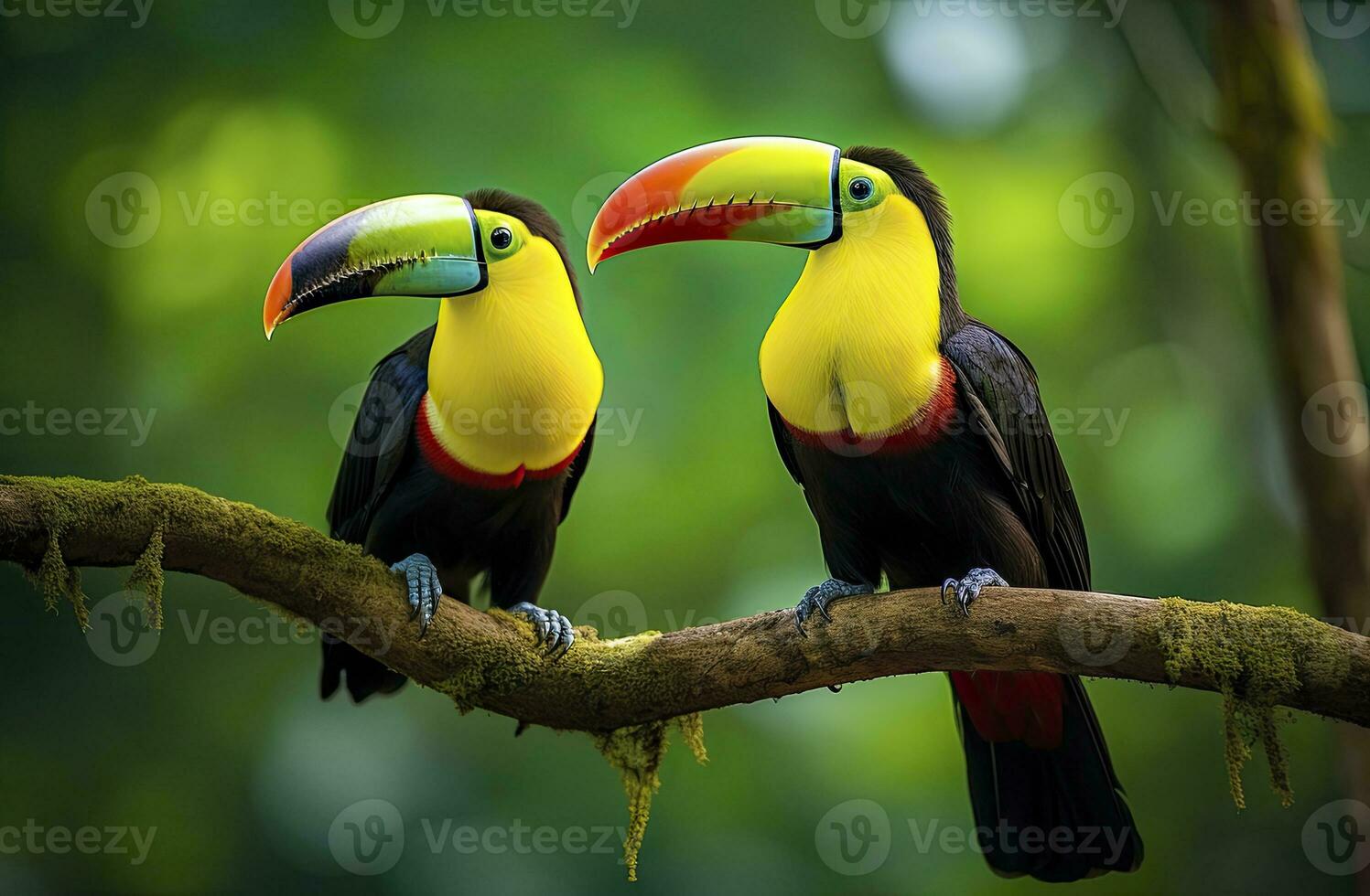 AI generated Toucan sitting on the branch in the forest. AI Generated photo
