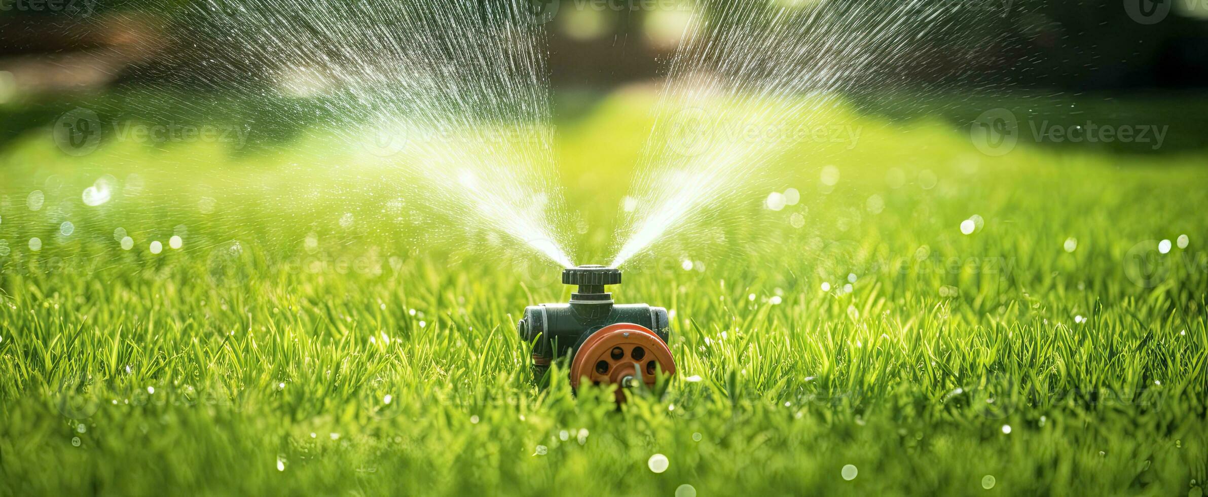 AI generated Automatic garden lawn sprinkler in action watering grass. AI Generated photo