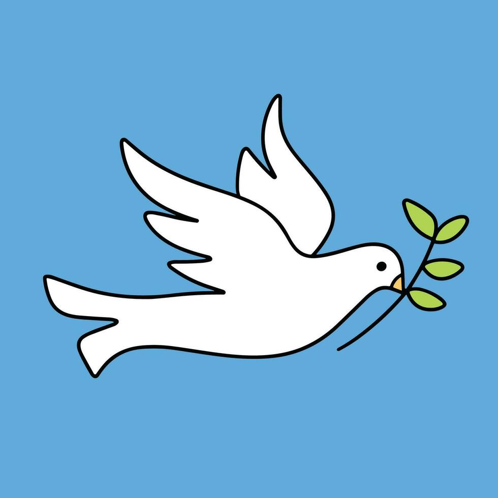 Peace dove colored outline isolated on white background. Hand drawn vector art.