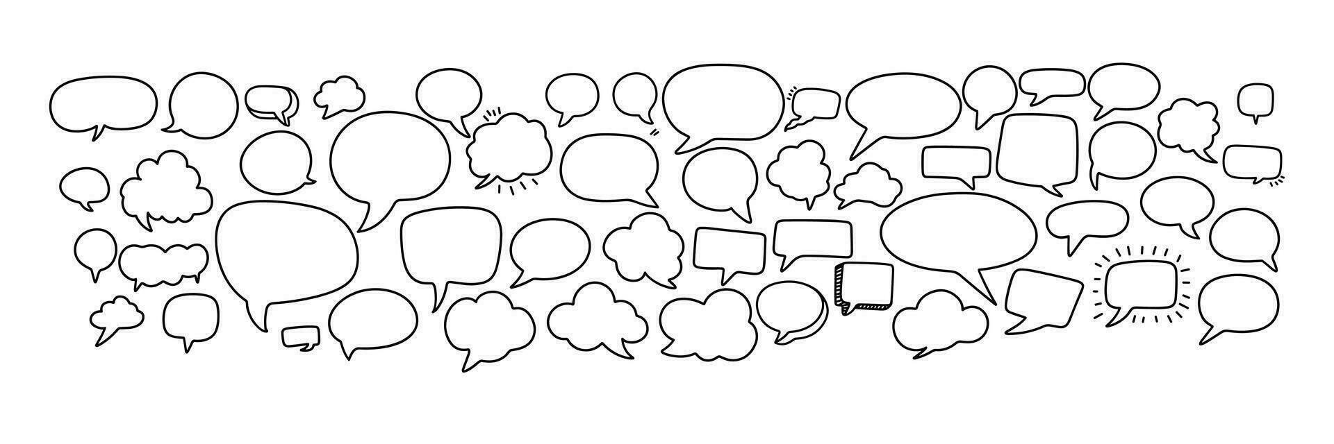 Collection of bubbles speech in doodle style. Outline speak cloud isolated on white background. Hand drawn vector art.