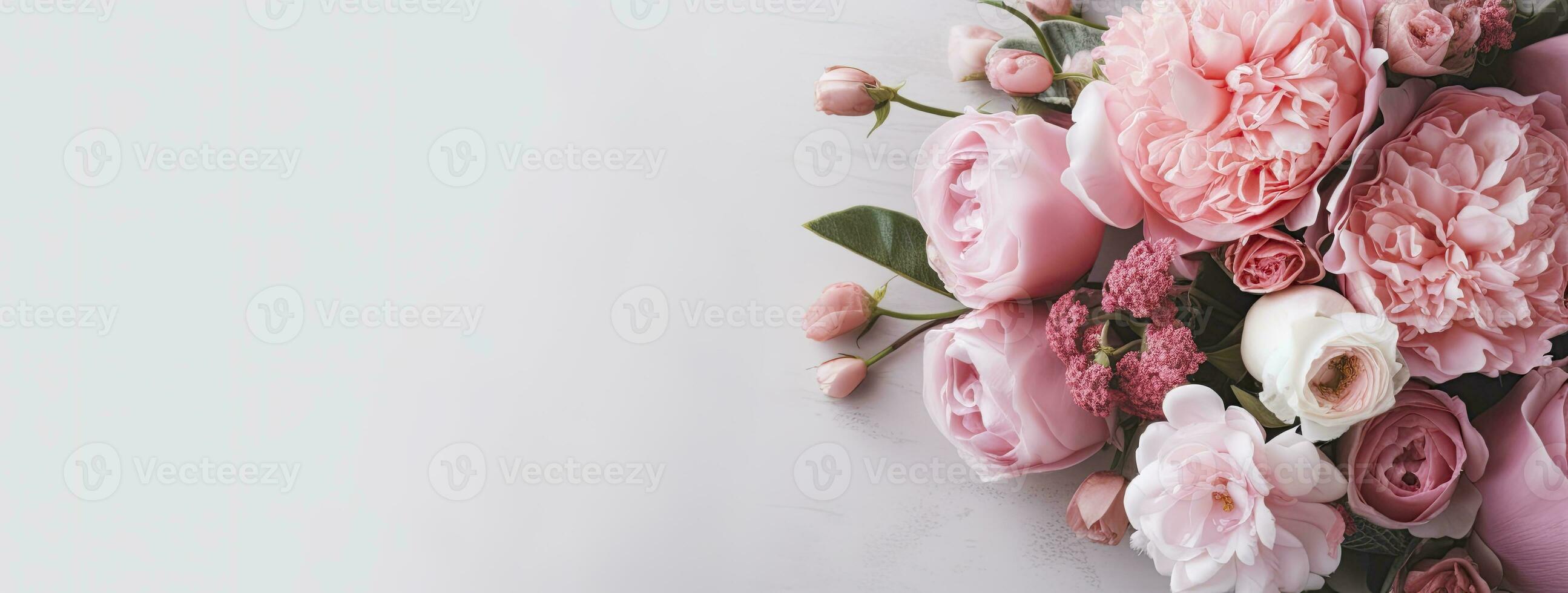 AI generated Fresh bunch of pink peonies and roses with copy space. AI Generated photo