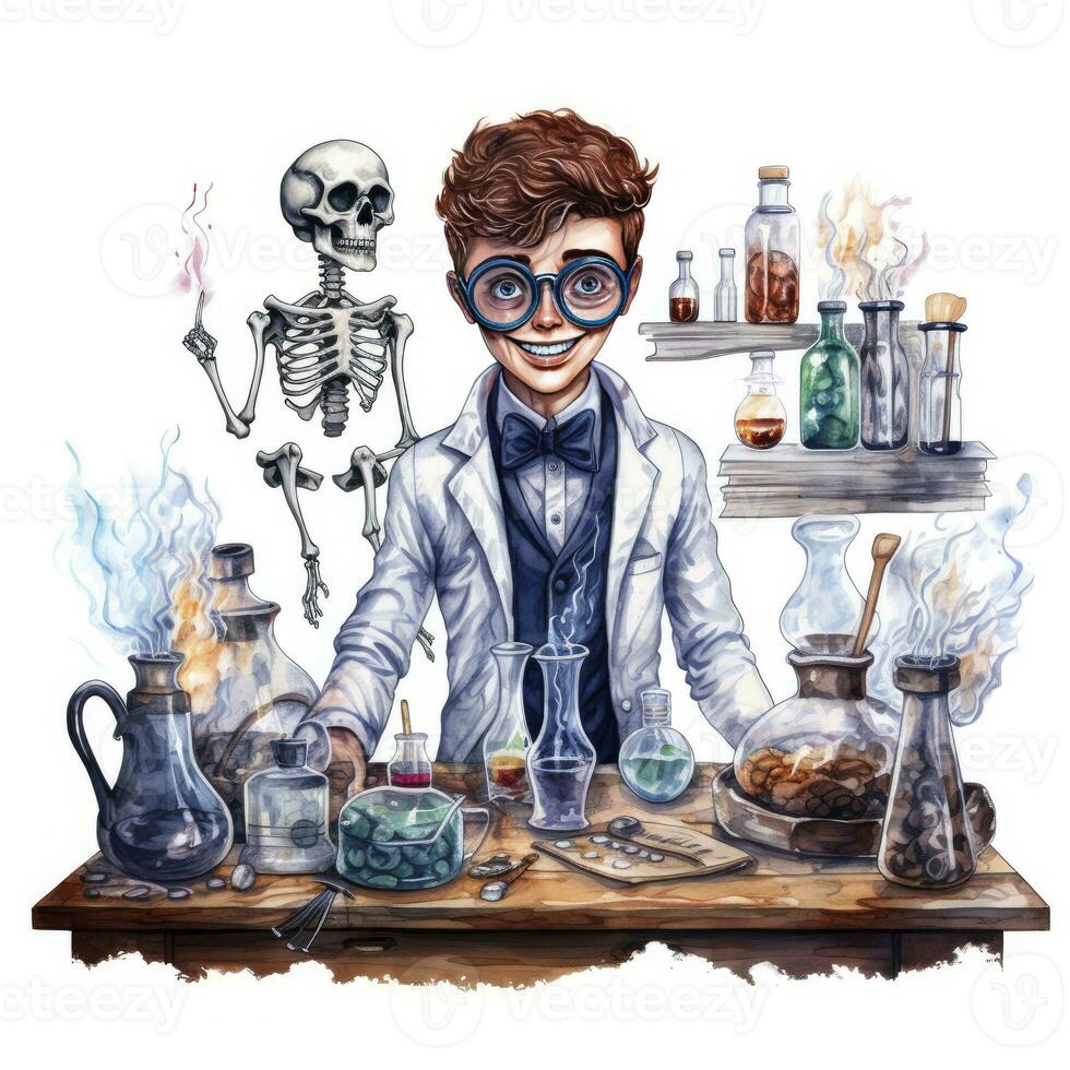 AI generated A student in a science classroom with lab equipment, watercolor. AI Generated photo