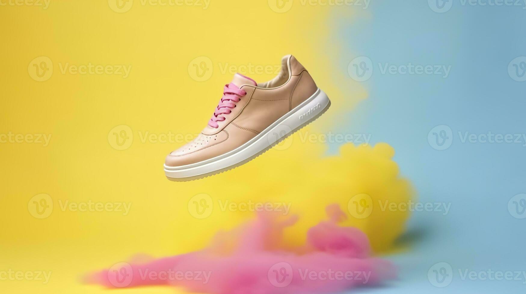 AI generated Flying trendy sneakers on creative colorful background, Stylish fashionable concept. AI Generated photo