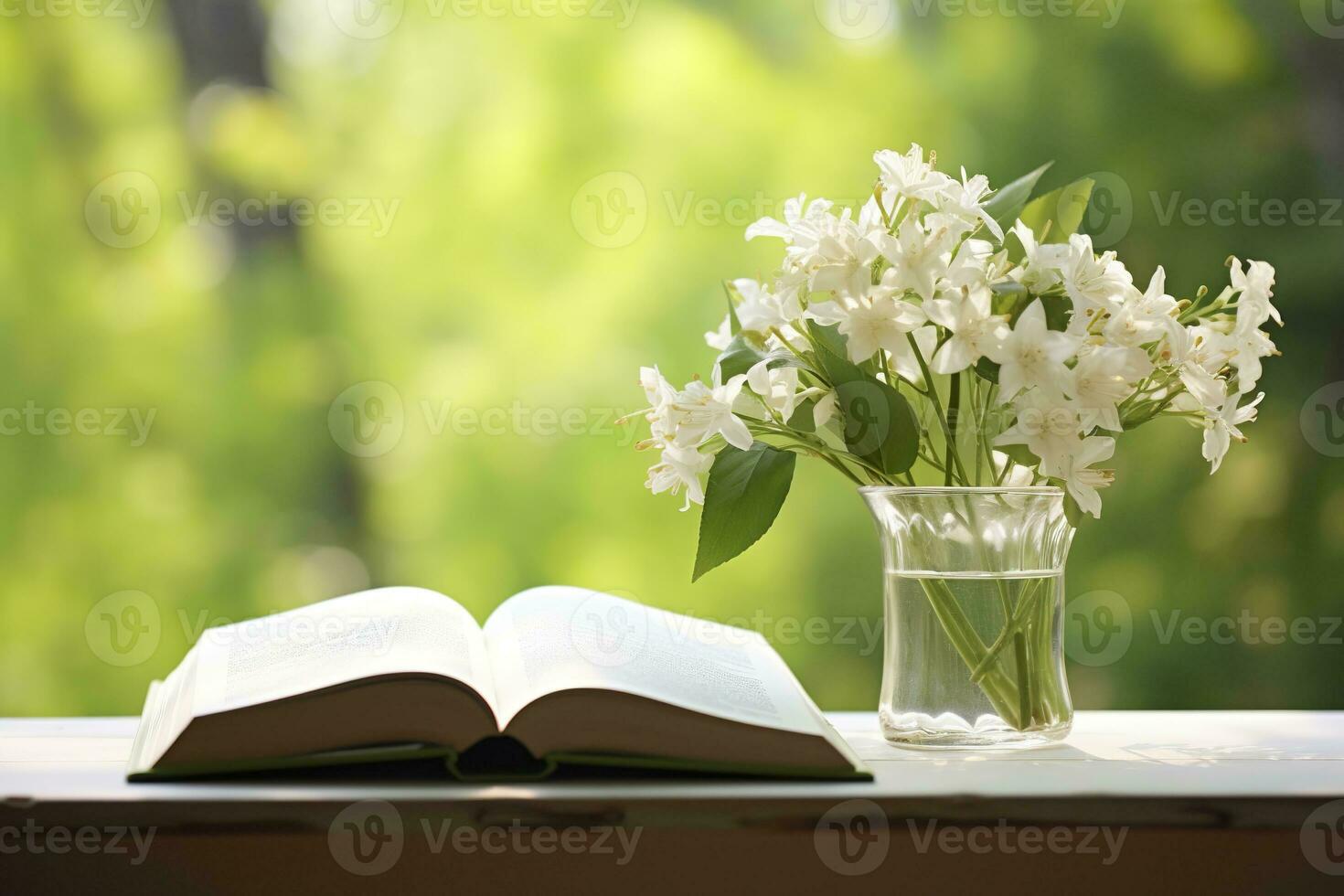 AI generated Jasmine flowers in a vase and open book on the table, green natural background. AI Generated photo