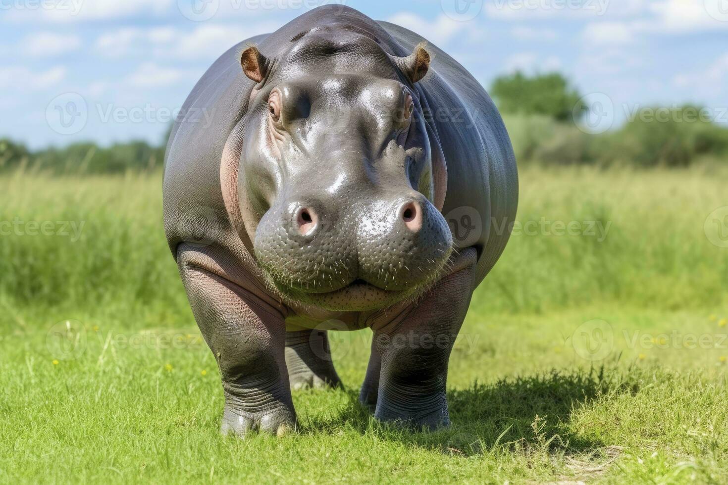 AI generated Hippopotamus Walking in a green field. AI Generated photo