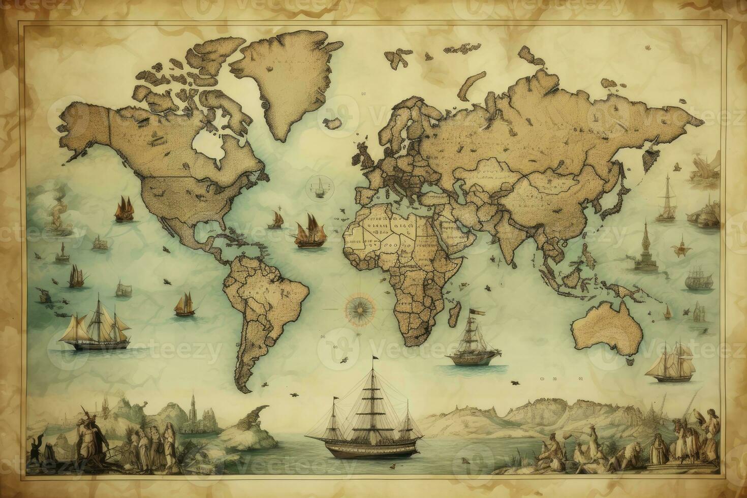 AI generated Great detailed illustration of the world map in vintage style. AI Generated photo