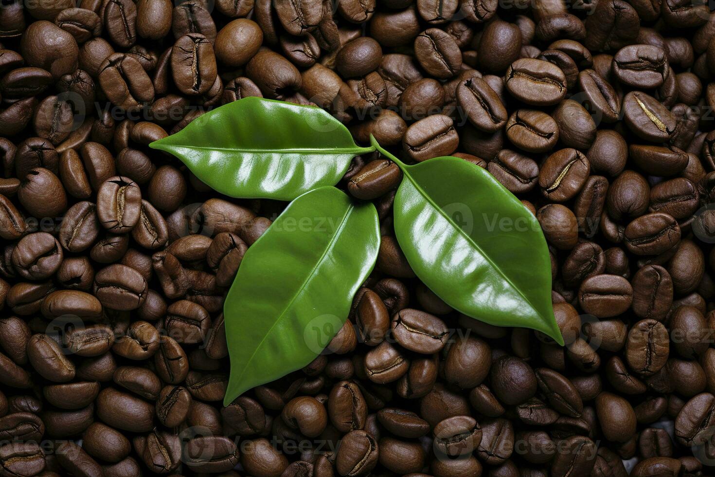 AI generated Green leaves with coffee beans as background. AI Generated photo