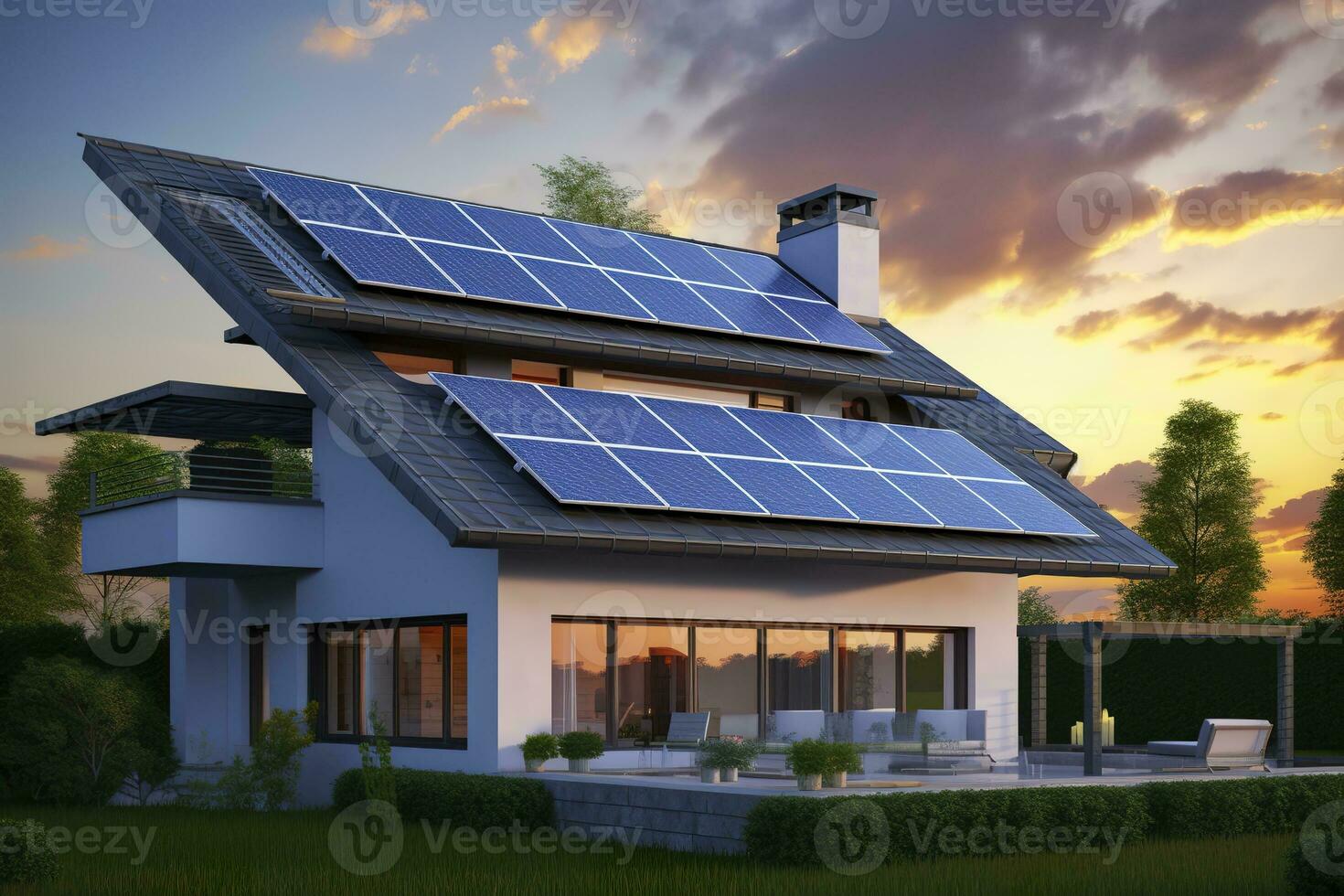 AI generated Modern house with blue solar panels on the roof. End of the day, sunset. AI Generated photo