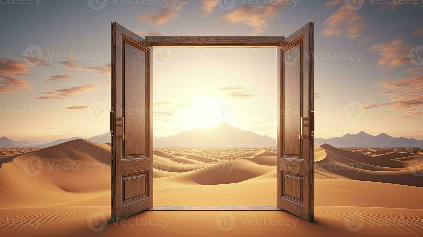 ai generado el abrió puerta en el desierto. desconocido y comienzo arriba concepto. ai generado. foto