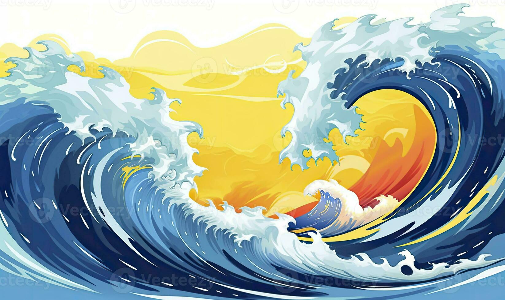 AI generated Ocean wave sun clouds, blue yellow abstract ocean wave. AI Generated. photo