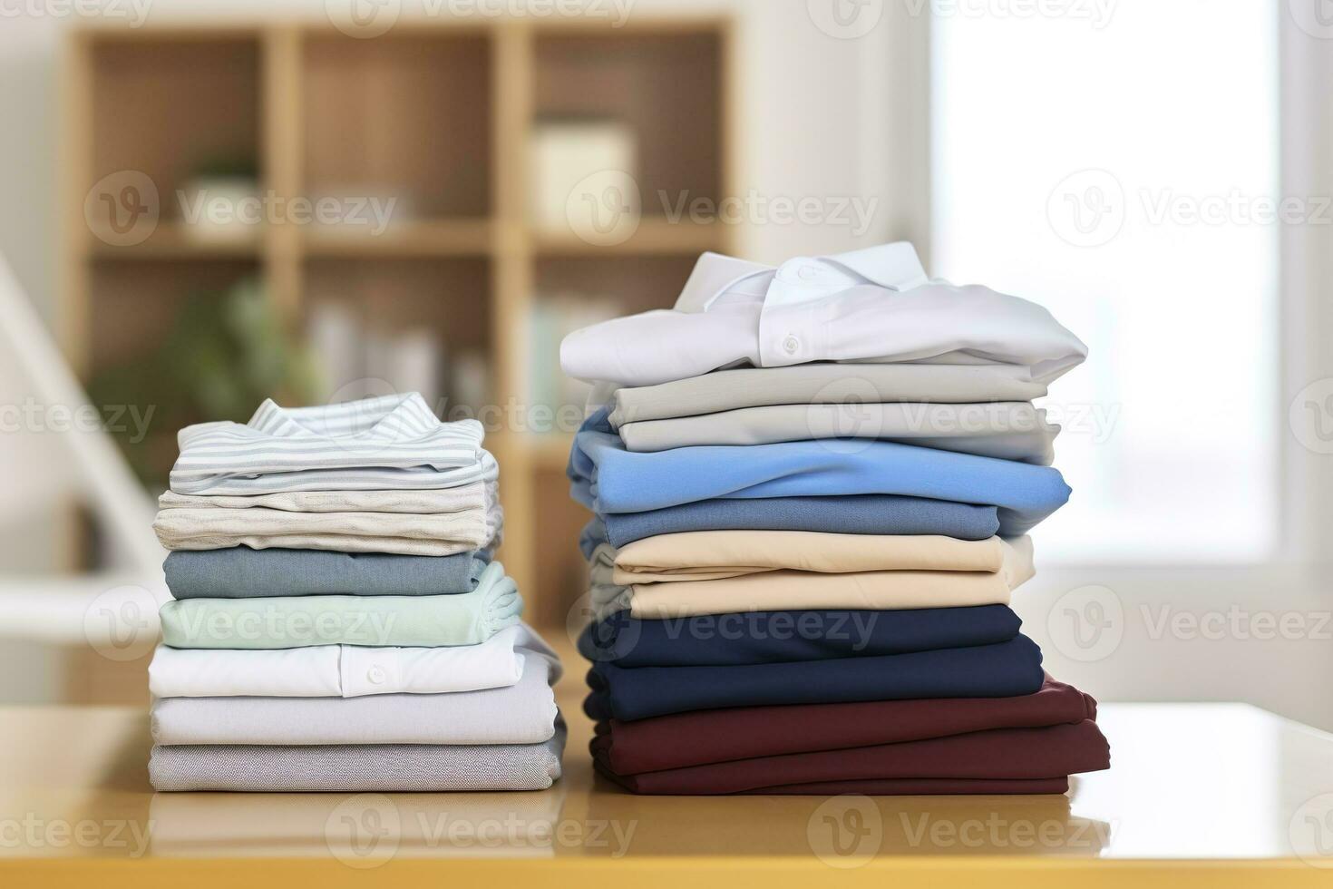 AI generated Stack of clean clothes on table in room. Generative AI photo