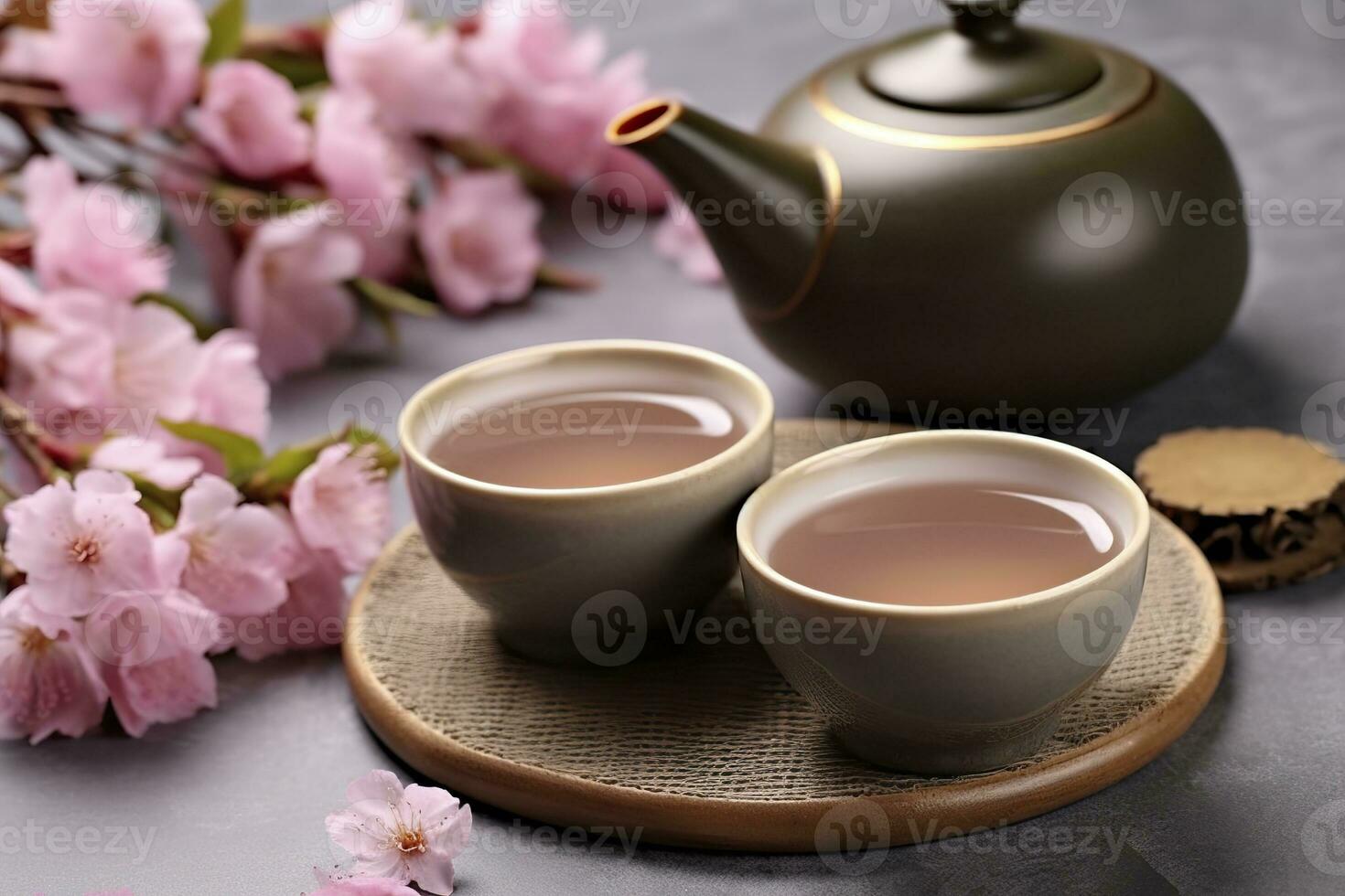 AI generated Traditional ceremony. Cups of brewed tea, teapot and sakura flowers on grey table. Generative AI photo