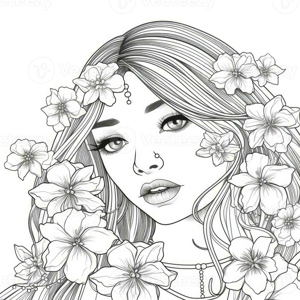 AI generated A girl on a coloring book page with Jasmine flowers. AI Generated photo
