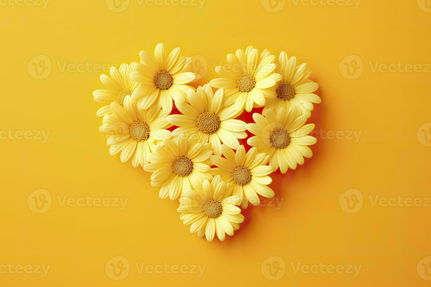 AI generated Yellow Heart Shaped By Yellow Daisies Over Yellow Background. AI Generated photo