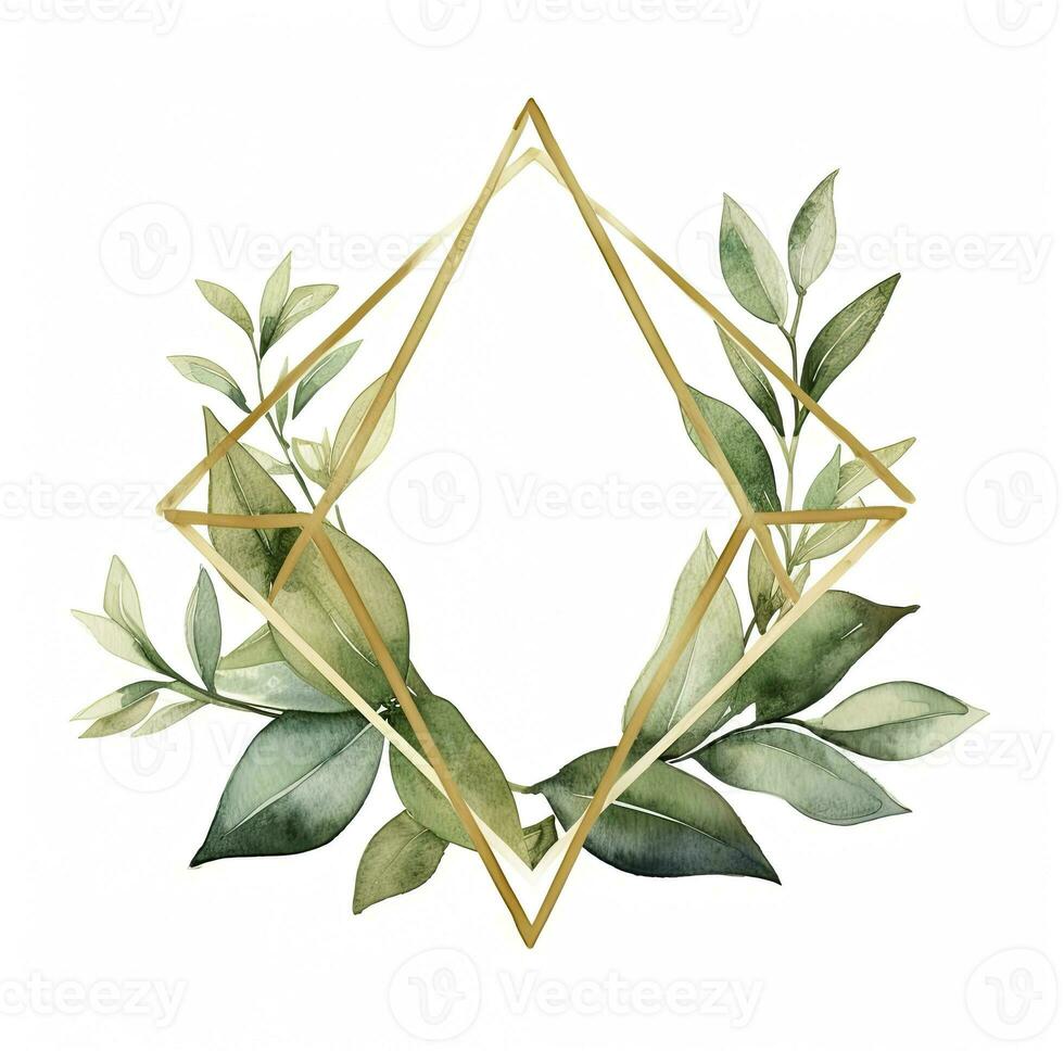 AI generated Watercolor geometry shape wreath with green leaf. AI Generated photo