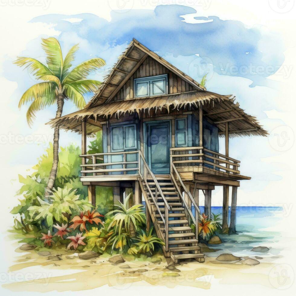 AI generated A watercolored bright serene image of a traditional bahay kubo. AI Generated photo