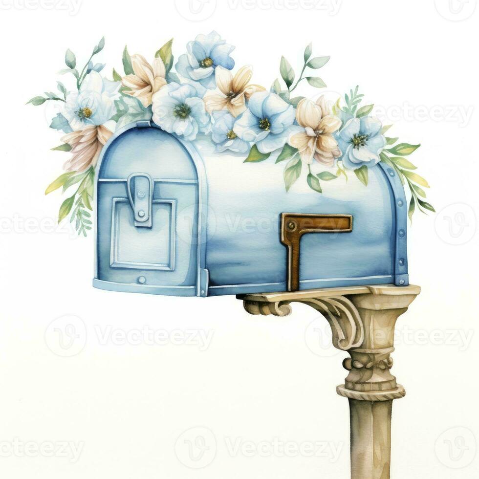 AI generated Watercolor light blue floral mailbox on a white background. AI Generated photo