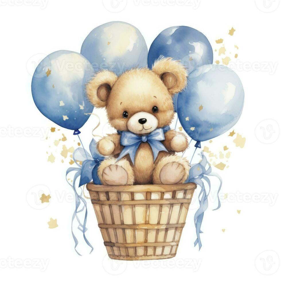 AI generated A watercolor baby teddy bear is sitting in the basket with blue and gold balloons. AI Generated photo