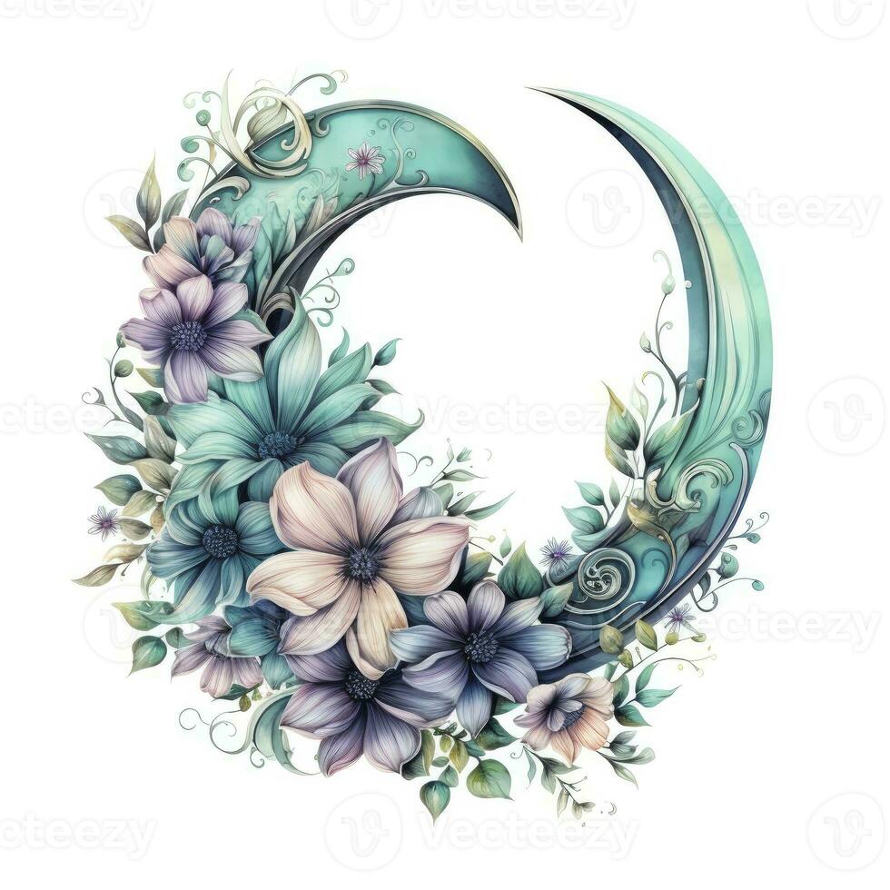 AI generated Watercolor floral Moon with greenery on a white background. AI Generated photo