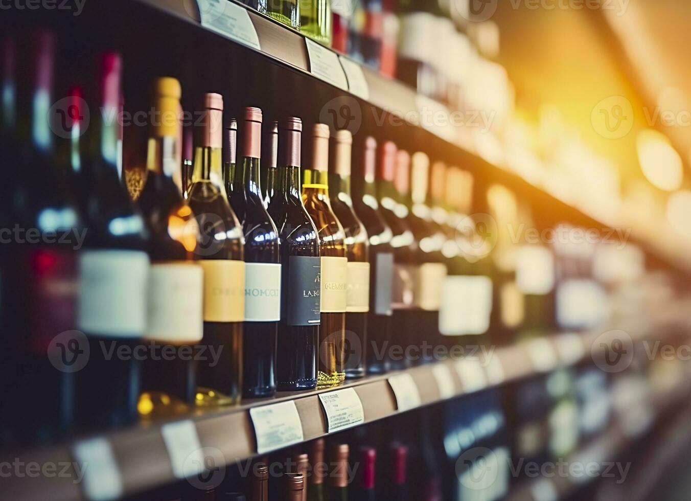 AI generated Abstract blur wine bottles on liquor alcohol shelves in supermarket store background. Generative AI photo