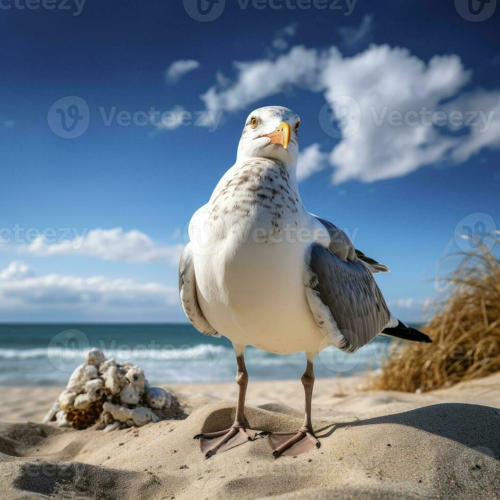 AI generated Seagull on the beach under blue sky. photo