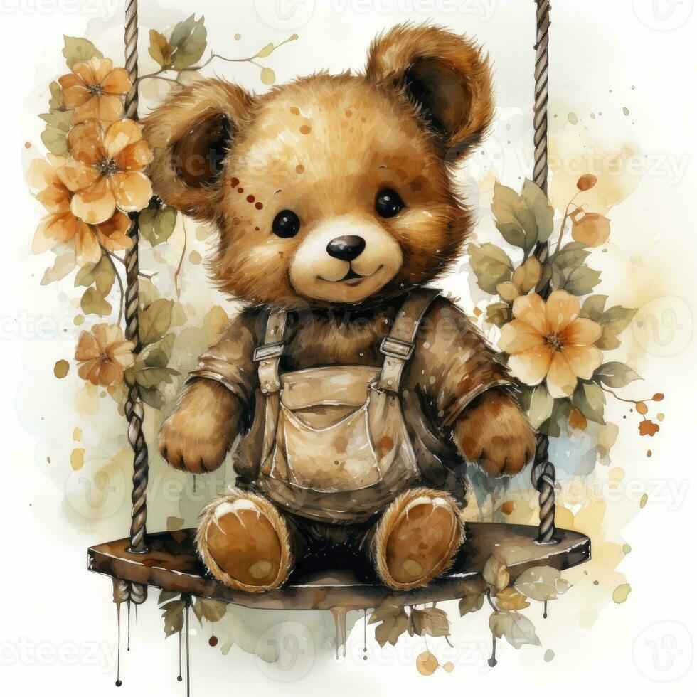 AI generated A cute happy teddy bear swings on a tree on a white background. AI Generated photo