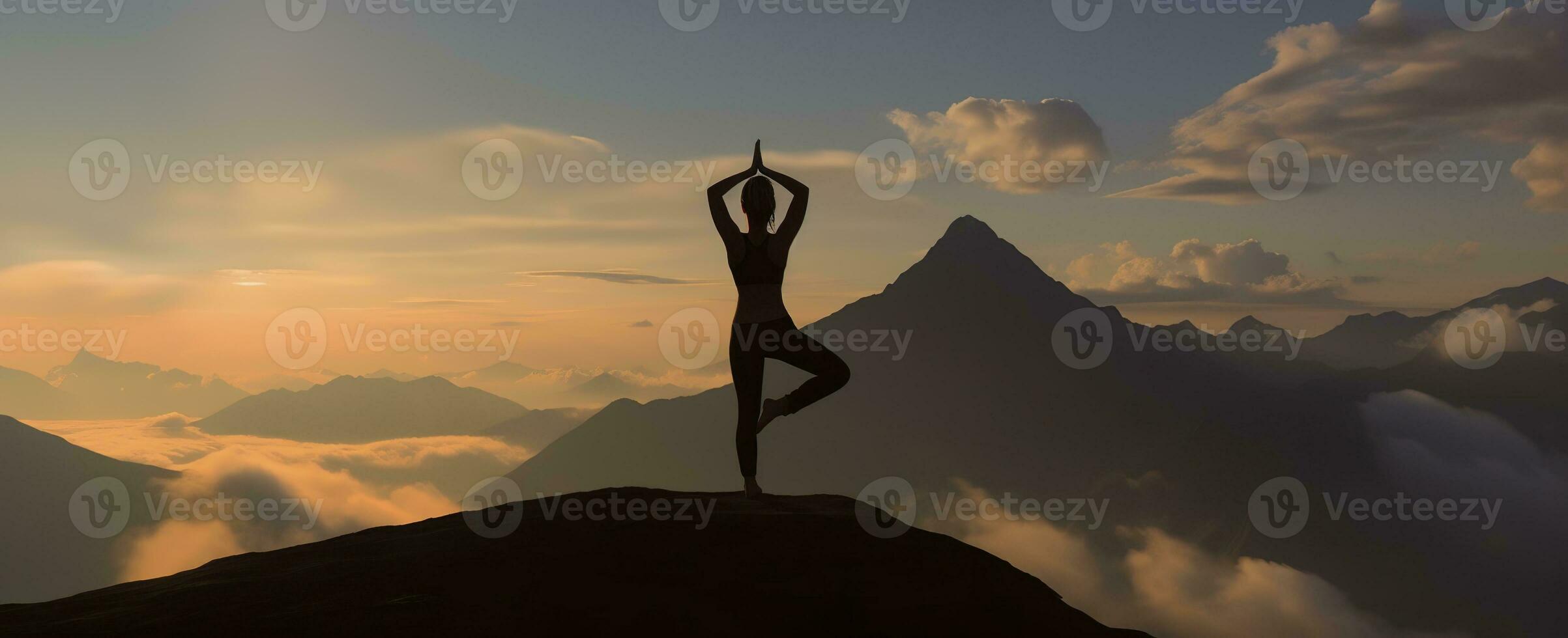 AI generated silhouette of a woman practicing yoga in the summit with mountain Background. AI Generated photo