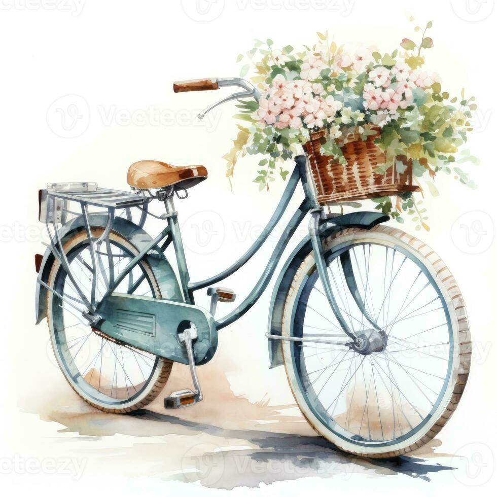 AI generated Watercolor bicycle with flowers in the basket isolated on white background.  AI Generated photo