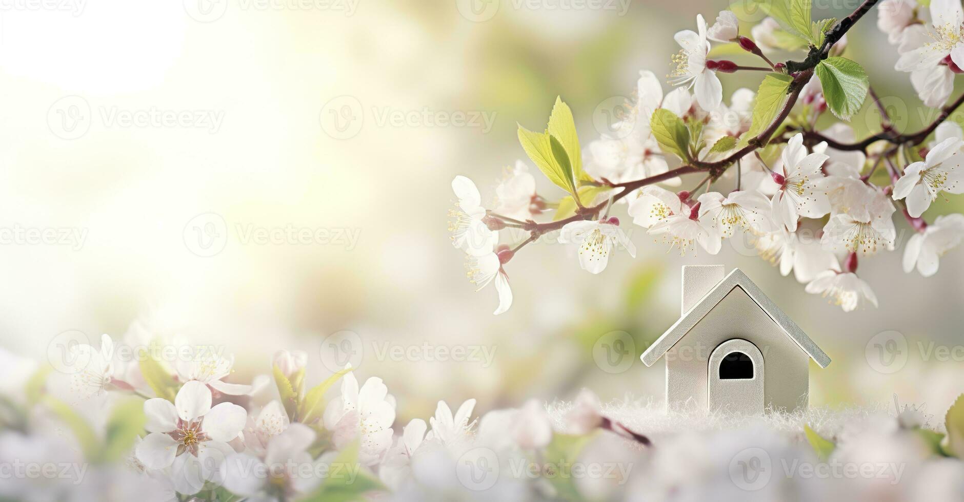 AI generated Toy house and cherry flowers, spring abstract natural background. Generative AI photo