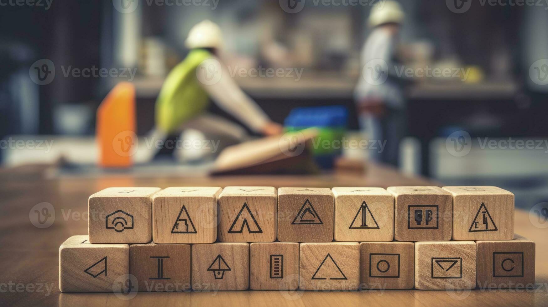 AI generated Work safety concept Safety at the workplace and compliance on wooden cube blocks Working standard process Zero accidents Using for safety awareness banner. AI Generative photo