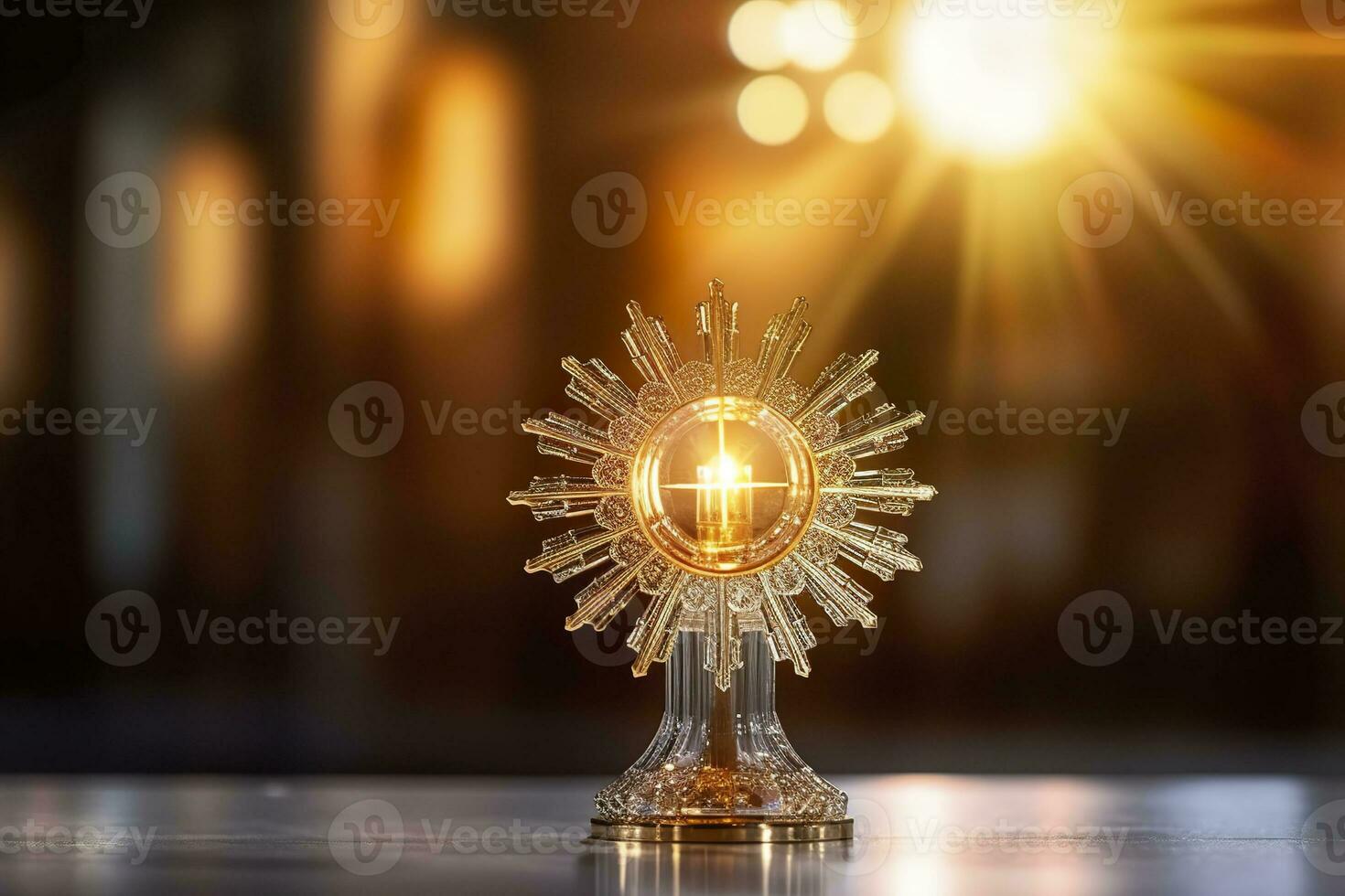 AI generated The golden monstrance with a little transparent crystal center, consecrated host. church defocused background. AI Generative photo