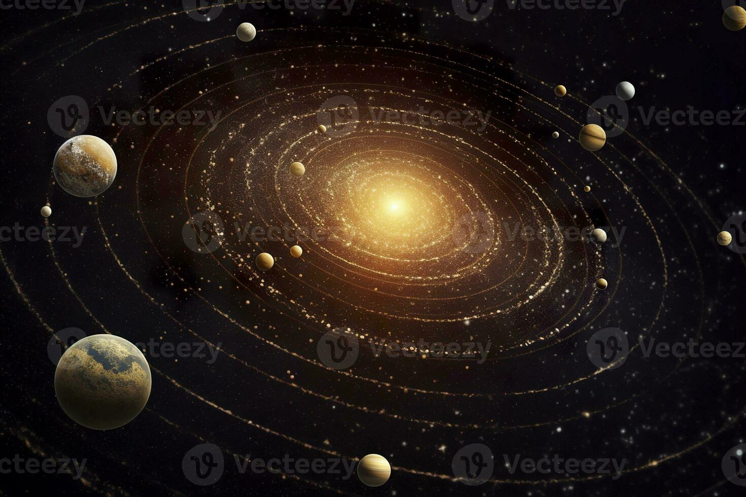 AI generated Our 3d Solar system with planets in orbits path. AI Generative photo