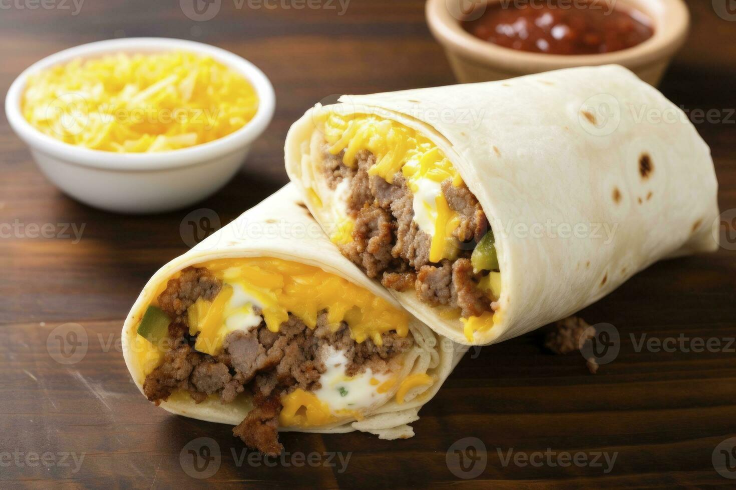 AI generated Breakfast burrito with sausage, eggs, hashbrown and cheese. AI Generated photo