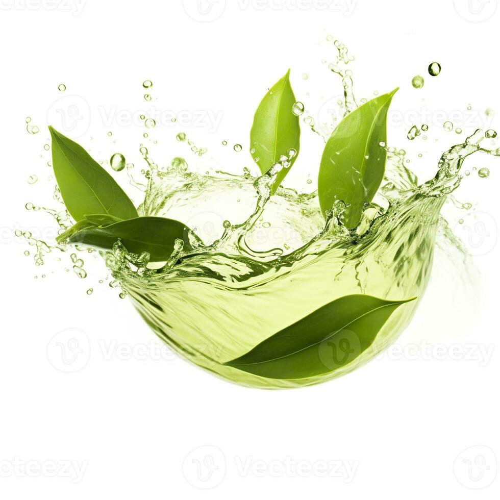 AI generated Green herbal tea wave splash with leaves flow. AI Generated photo