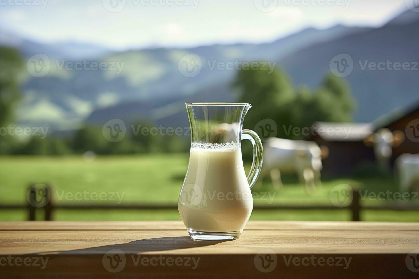 AI generated Glass pitcher with fresh milk on a wooden table. AI Generated photo