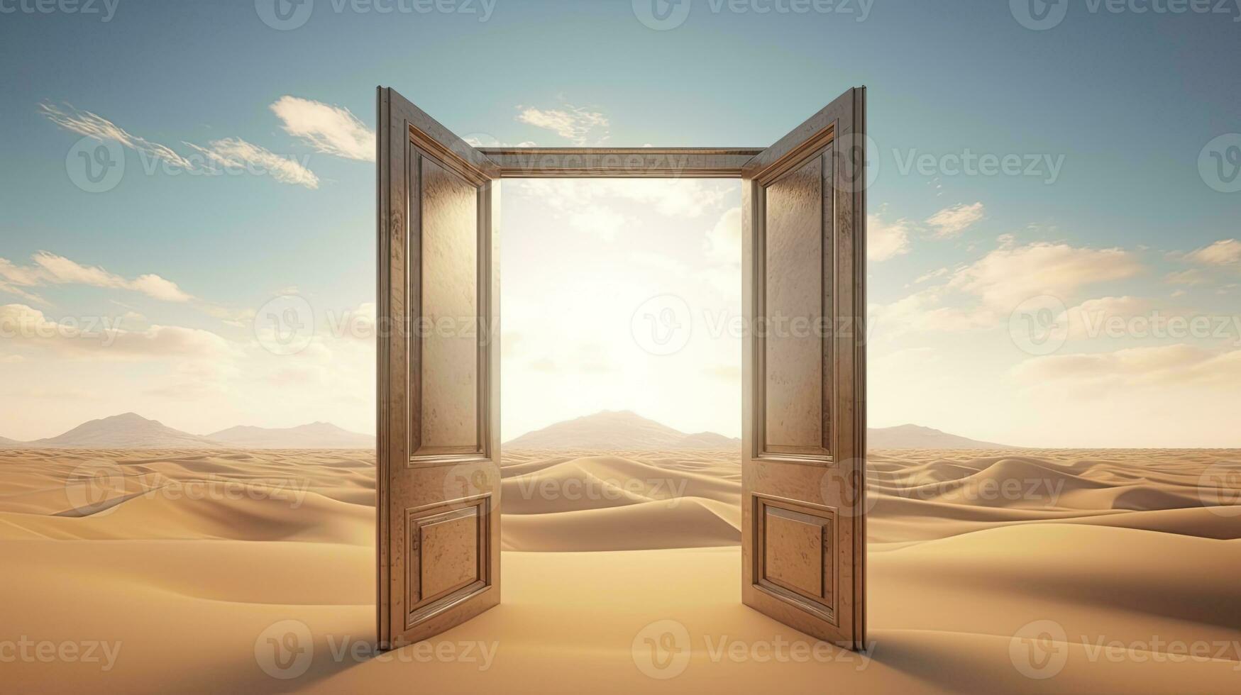 ai generado el abrió puerta en el desierto. desconocido y comienzo arriba concepto. ai generado. foto