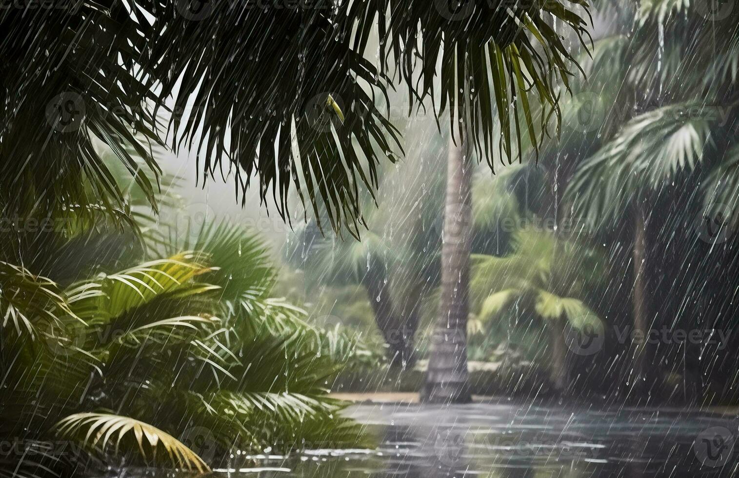 ai generado lluvia en el zona tropical durante el bajo temporada o monzón estación. gotas de lluvia en un jardín. generativo ai foto