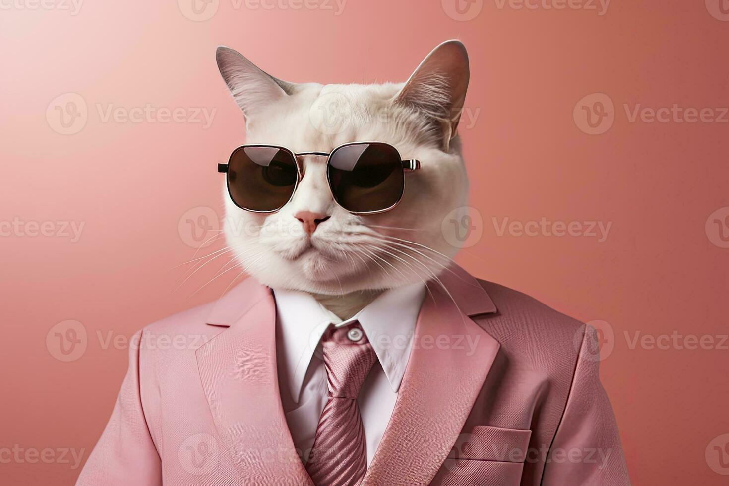 AI generated A cat is wearing sunglasses and suit on Pink Background. AI Generated photo