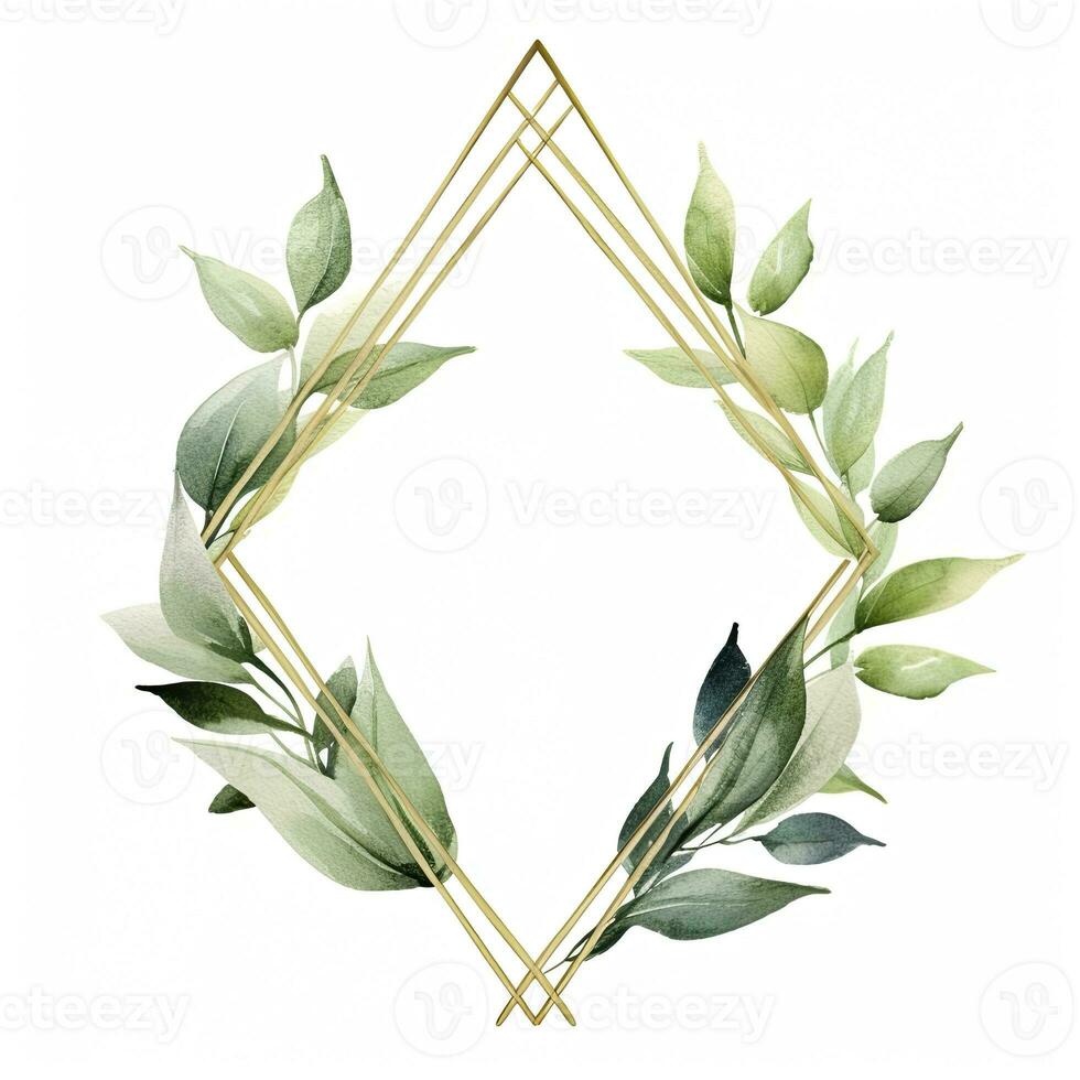 AI generated Watercolor geometry shape wreath with green leaf. AI Generated photo