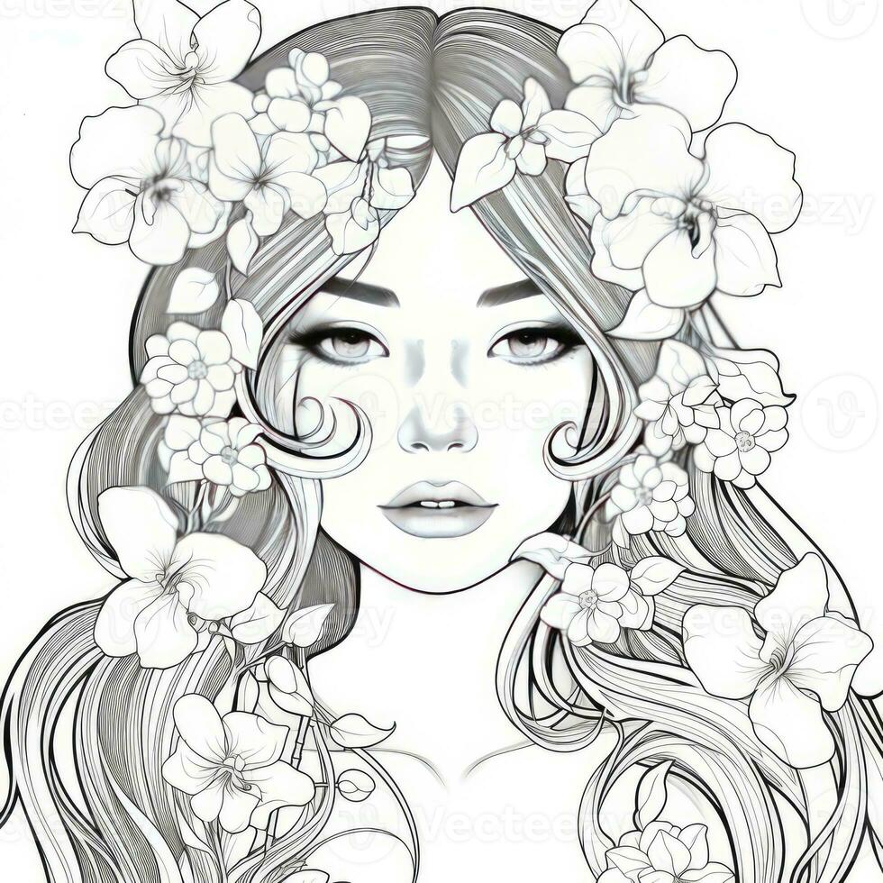 AI generated A girl on a coloring book page with Jasmine flowers. AI Generated photo