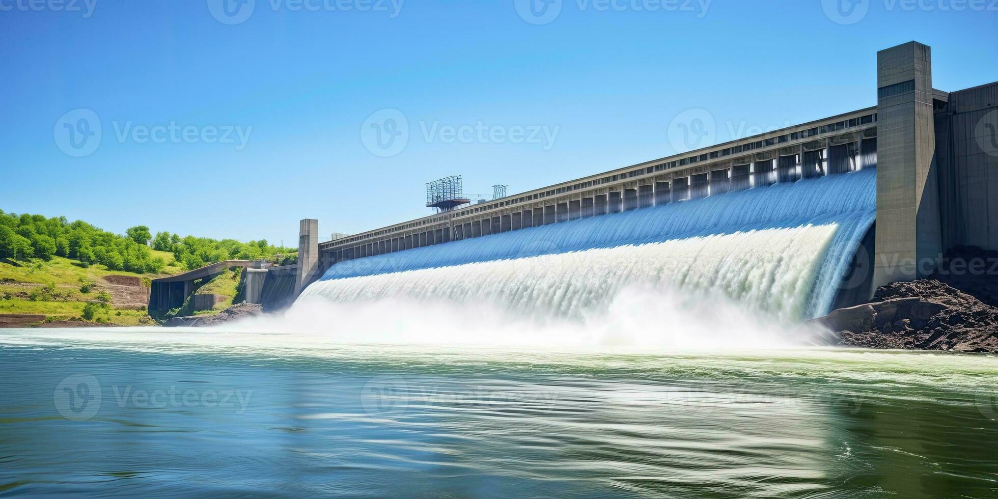 ai generado hidroeléctrico represa generando verde energía desde fluido agua. ai generado. foto